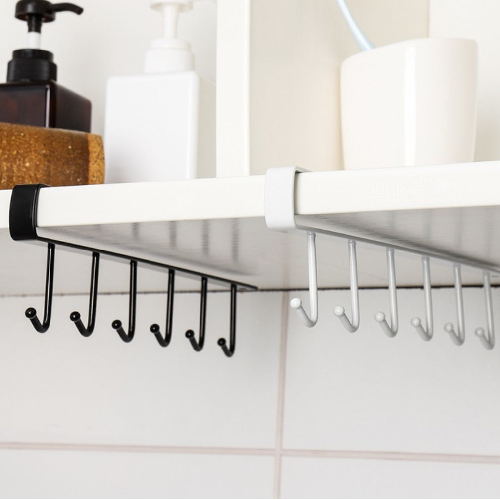 6 Hooks Metal Under Shelf Mug Cup Cupboard Kitchen Organiser Hanging Rack Holder Black/White Removed Storage Rack Home Decor