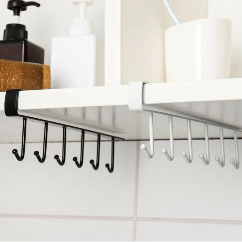 6 Hooks Metal Under Shelf Mug Cup Cupboard Kitchen Organiser Hanging Rack Holder Black/White Removed Storage Rack Home Decor