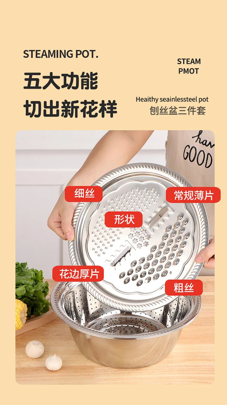 2/3Pcs Multi Function Slicer, Fruit and Vegetable Cutter Shredding Stainless Steel Sink Drainer Basket for Kitchen Grater Bowl