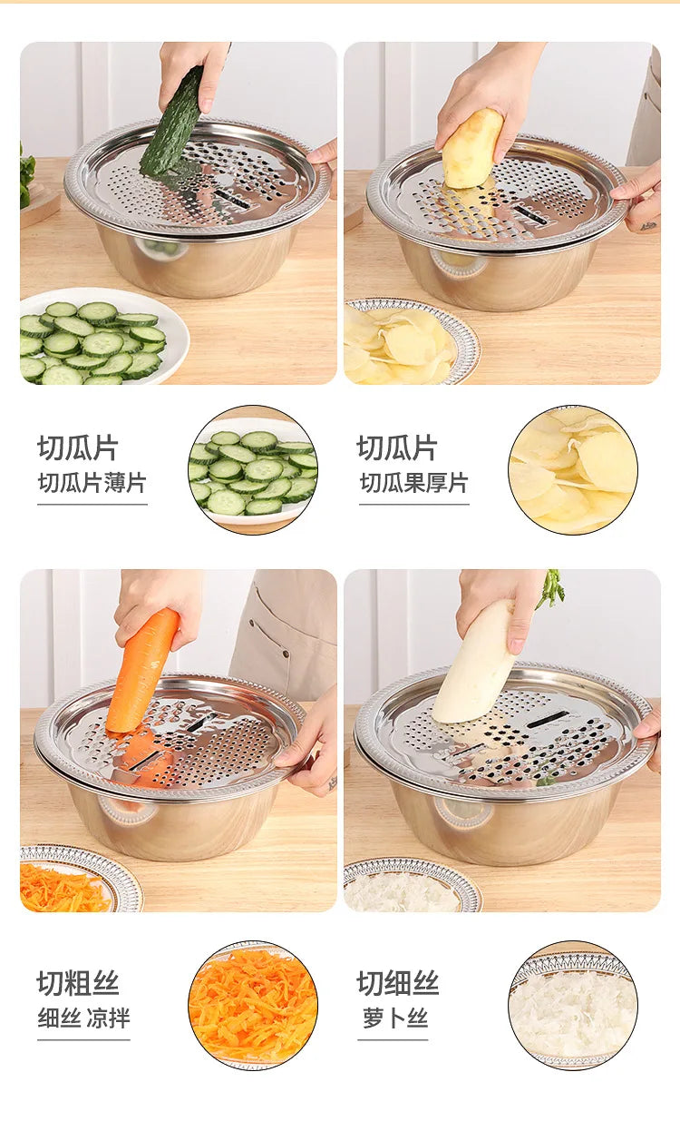 2/3Pcs Multi Function Slicer, Fruit and Vegetable Cutter Shredding Stainless Steel Sink Drainer Basket for Kitchen Grater Bowl