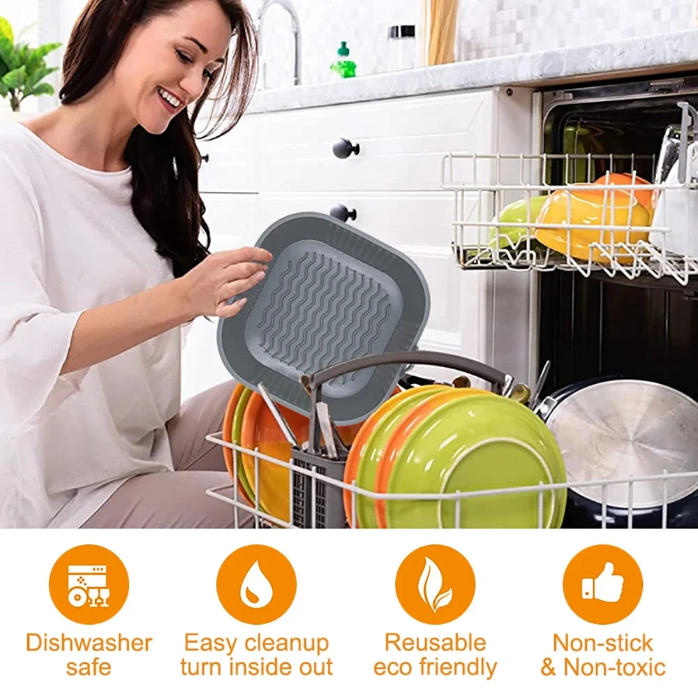 Silicone Air Fryer Pot Tray Food Safe Reusable Square BBQ Barbecue Pad Plate Airfryer Oven Baking Mold Basket Pan for Kitchen