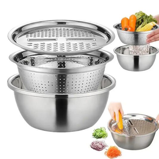 German Multifunctional Stainless Steel Basin Grater Strainer Bowl Colanders Salad Maker Bowl with Drain Basket Vegetable Tool