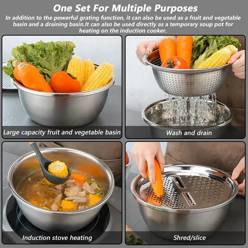 German Multifunctional Stainless Steel Basin Grater Strainer Bowl Colanders Salad Maker Bowl with Drain Basket Vegetable Tool