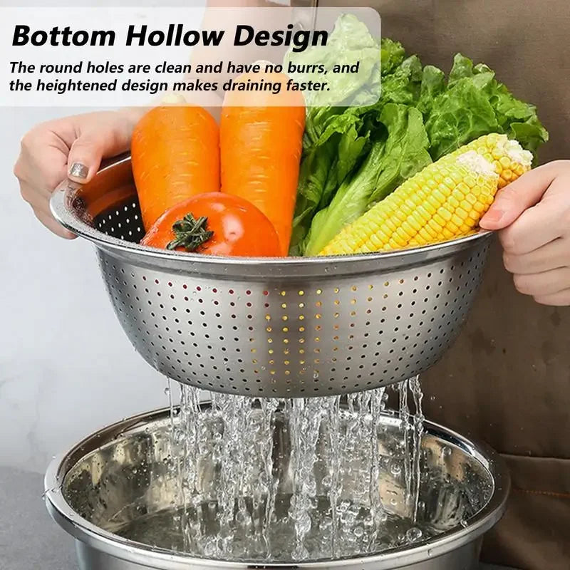 German Multifunctional Stainless Steel Basin Grater Strainer Bowl Colanders Salad Maker Bowl with Drain Basket Vegetable Tool