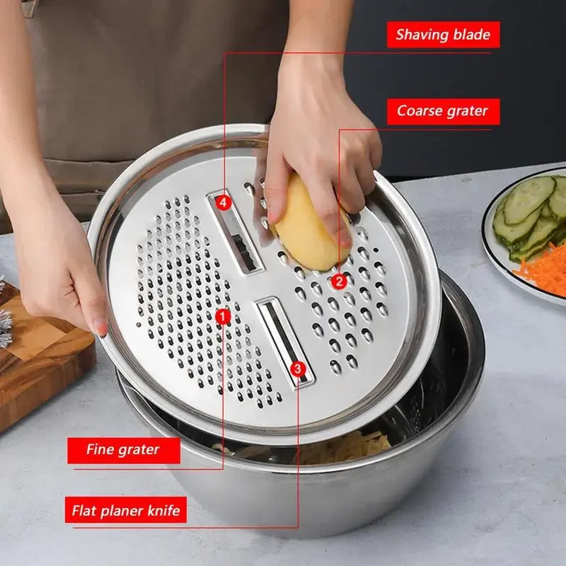 German Multifunctional Stainless Steel Basin Grater Strainer Bowl Colanders Salad Maker Bowl with Drain Basket Vegetable Tool